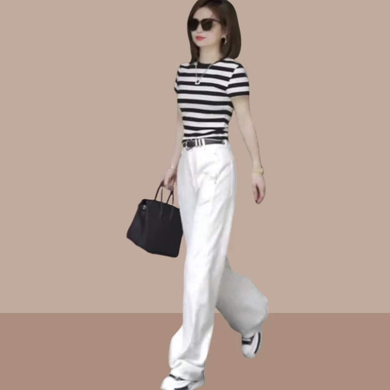 女生韩系ins衣服甜美可爱风格衣服高级感气质条纹拼色短袖恤女202