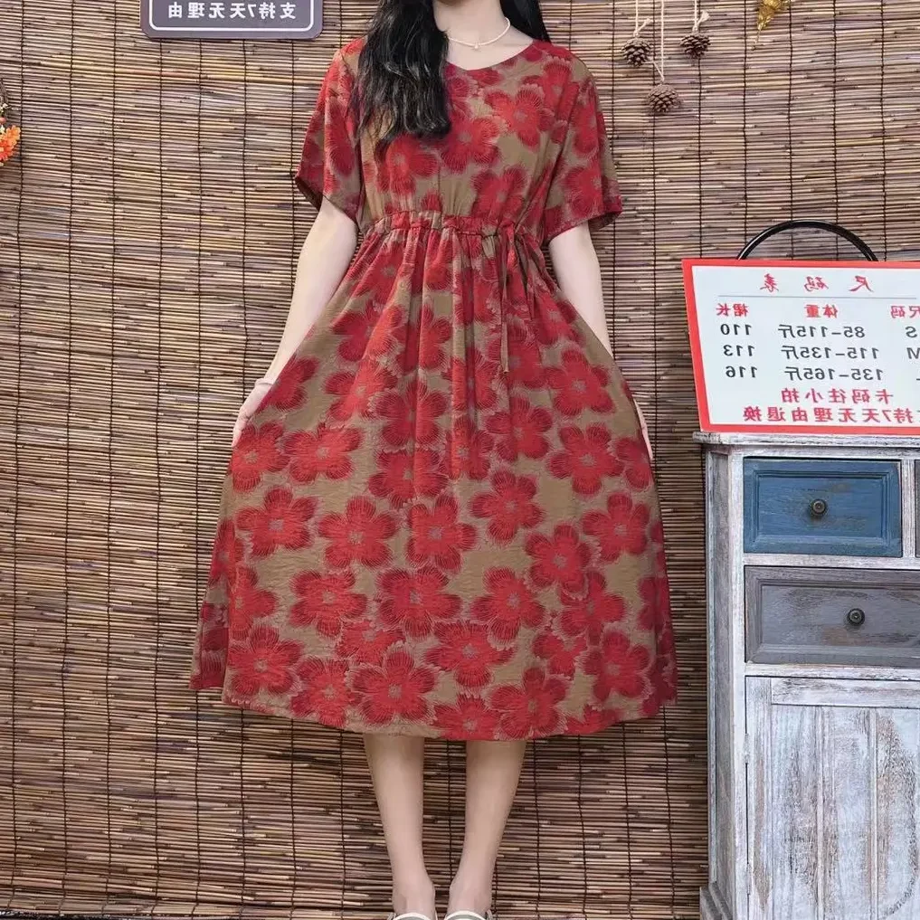 8098碎花新款短袖大红花春夏季V领连衣裙收腰显瘦长裙复古