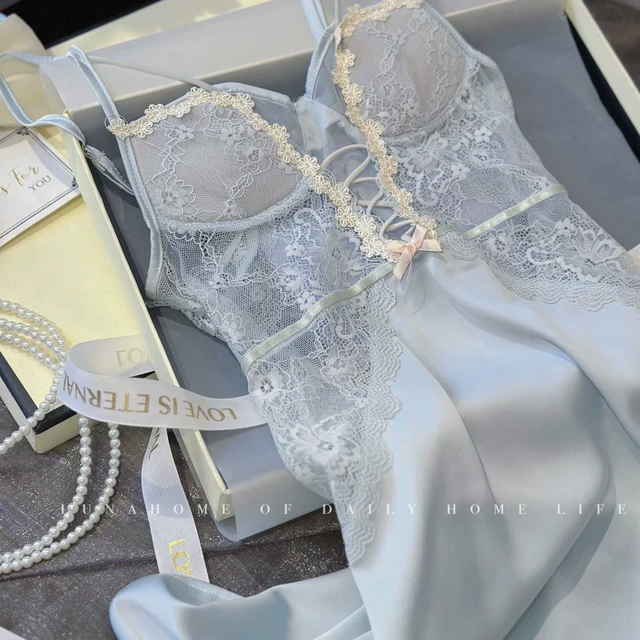 法式蕾丝吊带胸垫睡裙女镂空夏季蓝色睡衣性感冰丝高级感精致睡裙