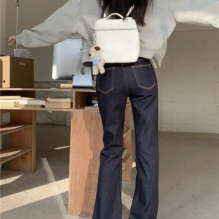 084秋季女士中高腰修身微喇牛仔裤拖地高弹四面弹