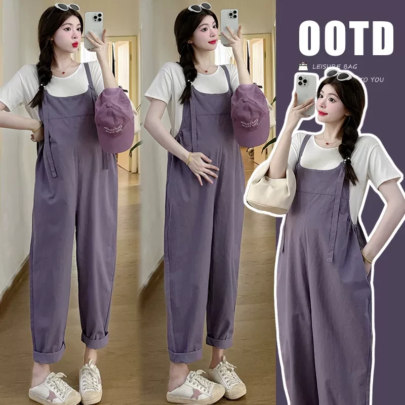 孕妇多巴胺穿搭紫色背带裤女夏薄款韩版宽松小个子直筒哈伦裤套装