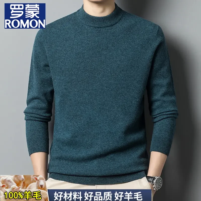 罗蒙【可机洗】羊毛衫男款100%羊毛秋冬圆领男士针织打底衫