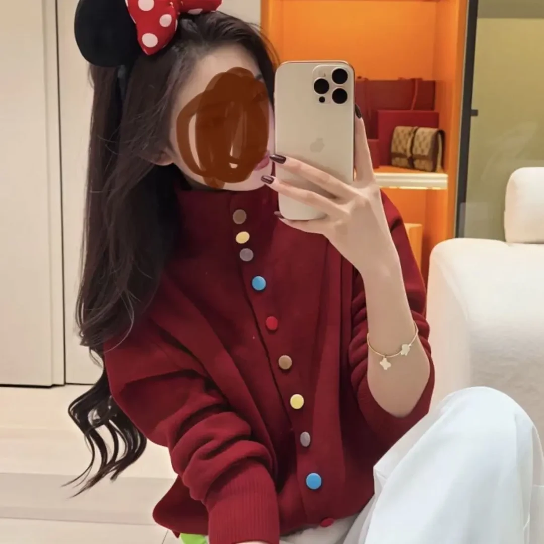 韩系秋冬新款彩色纽扣立领针织开衫女设计感小众显瘦百搭毛衣上衣