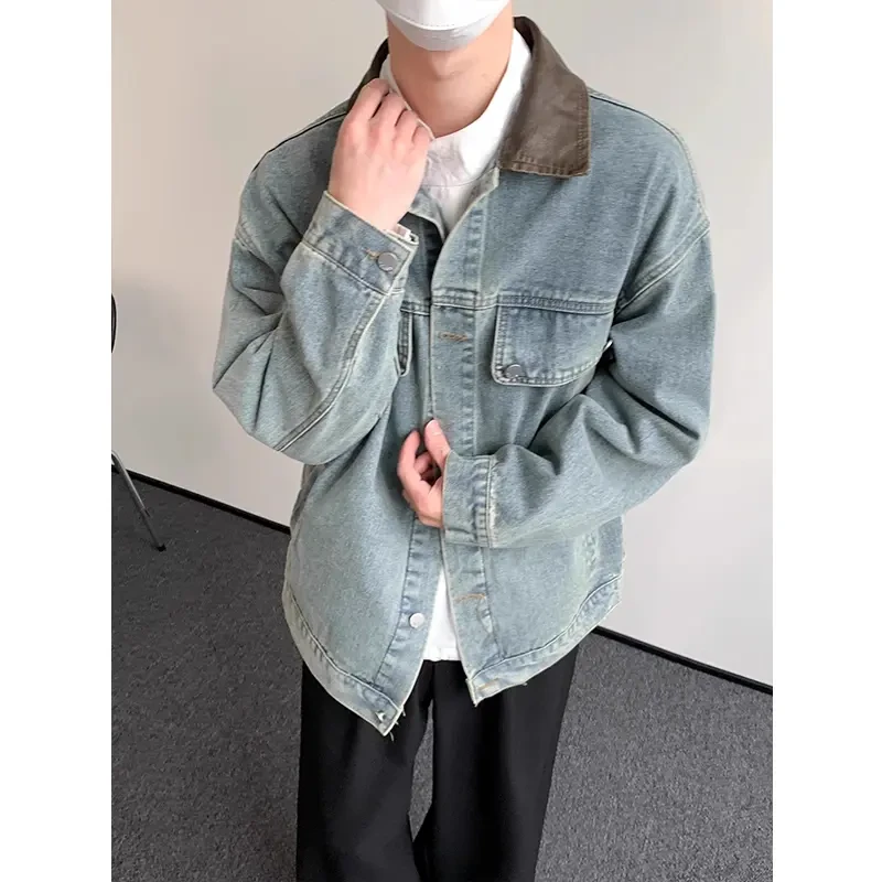 美式复古牛仔外套男款cleanfit春秋痞帅翻领工装夹克水洗牛仔褂子