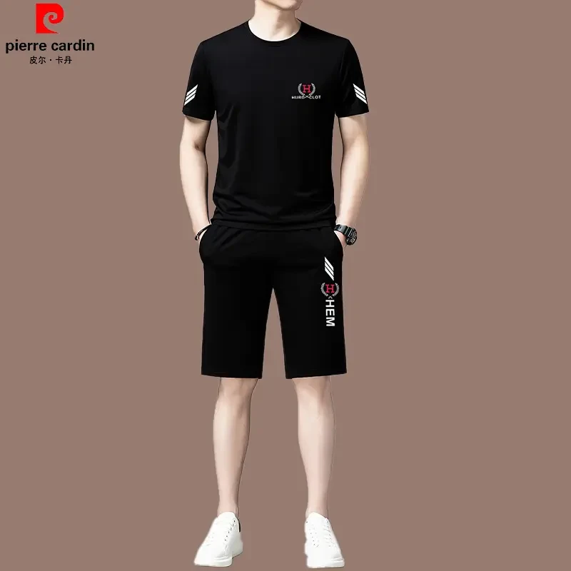 皮尔卡丹夏季新款男士运动套装品牌薄款桑蚕丝短袖T恤长裤两件套