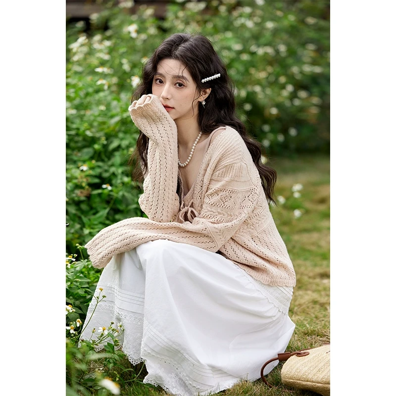 【艾美专属】谜秀镂空橘粉色针织吊带+系带开衫套装MXE11T0480