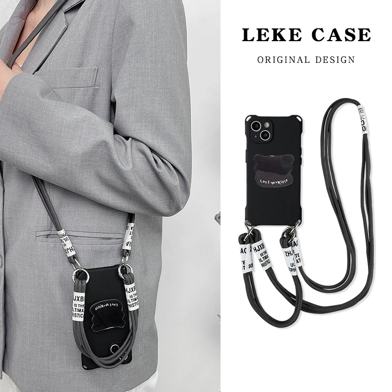 乐壳经典黑列适用于苹果13456华为荣耀vivoOPPO手机壳挂绳款女款