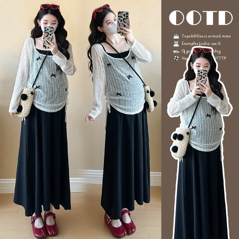 洋气孕妈时尚春夏蕾丝手工蝴蝶上衣+中长款吊带裙套装