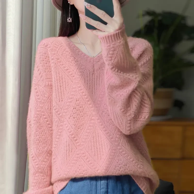 美出天际~秋冬洋气新100%纯羊毛慵懒风镂空V领百搭显瘦加厚针织衫