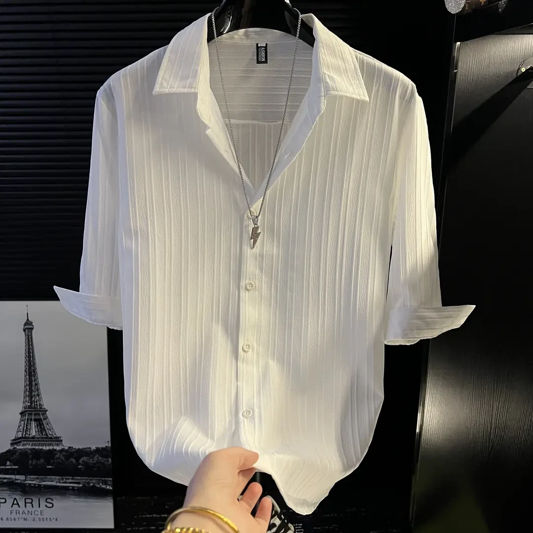 七分袖衬衫男痞帅夏季凉感冰丝薄款男士中袖上衣短袖寸衣休闲条纹