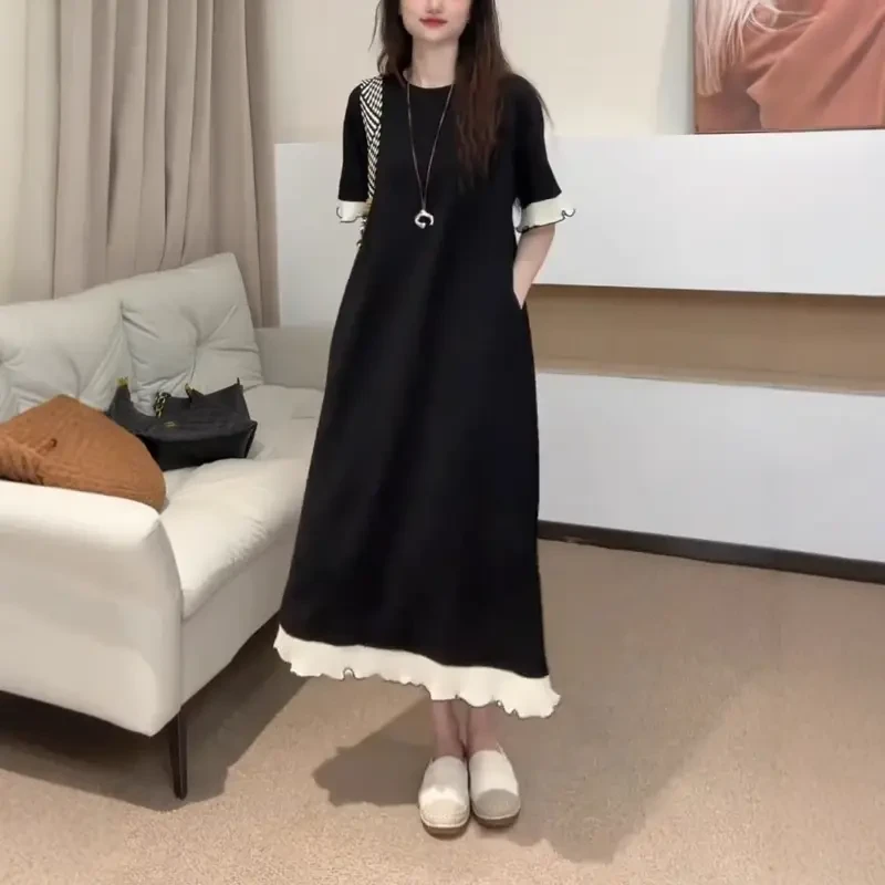 法式大码女2025新款胖MM遮肚显瘦收腰气质减龄甜美中长宽松连衣裙