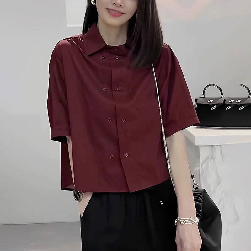 红色休闲衬衫女士2025夏季宽松型显瘦时尚减龄短款高级感短袖上衣