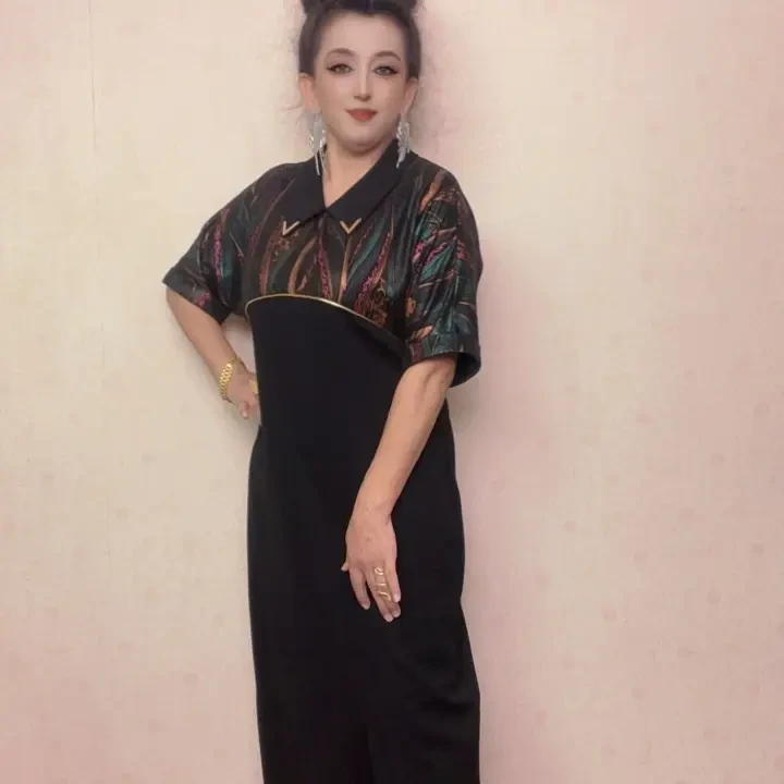女士豹纹娃娃领A字连衣裙夏季短袖中长裙时尚气质显瘦