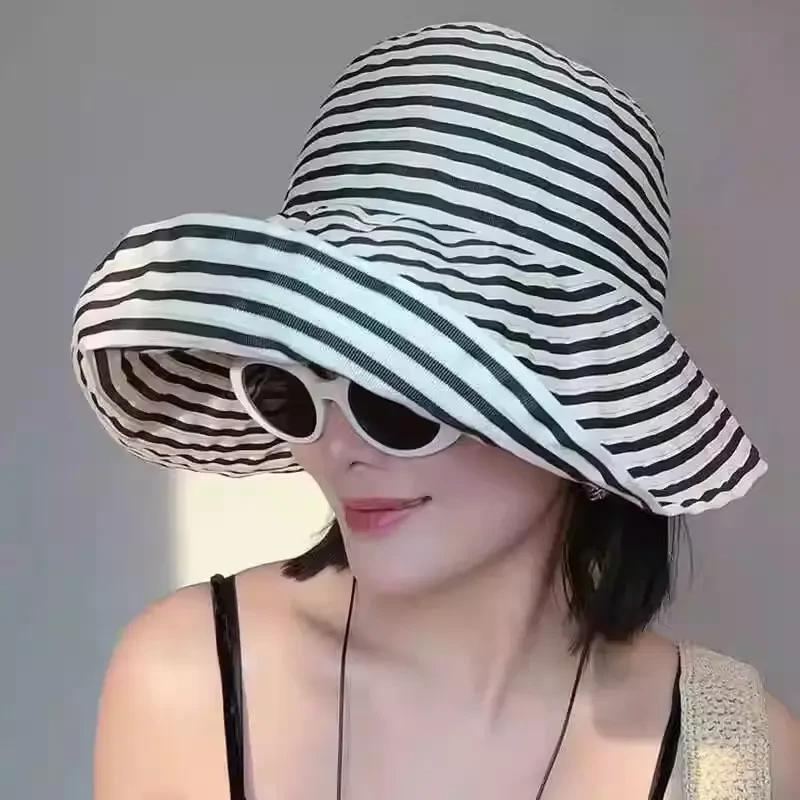 新款可折叠夏季条纹渔夫帽女新款长防晒帽子时尚盆帽大头围太阳帽