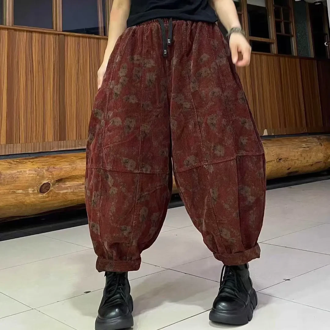 冬季宽松休闲砂洗炒色扎染定位花灯芯绒棉裤秋冬老爹裤女