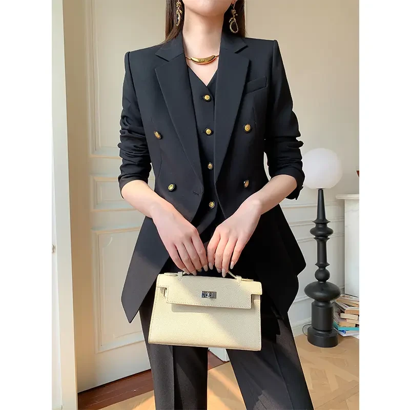 黑色双排扣西装套装女2025春秋季新款修身显瘦马甲职业西服三件套