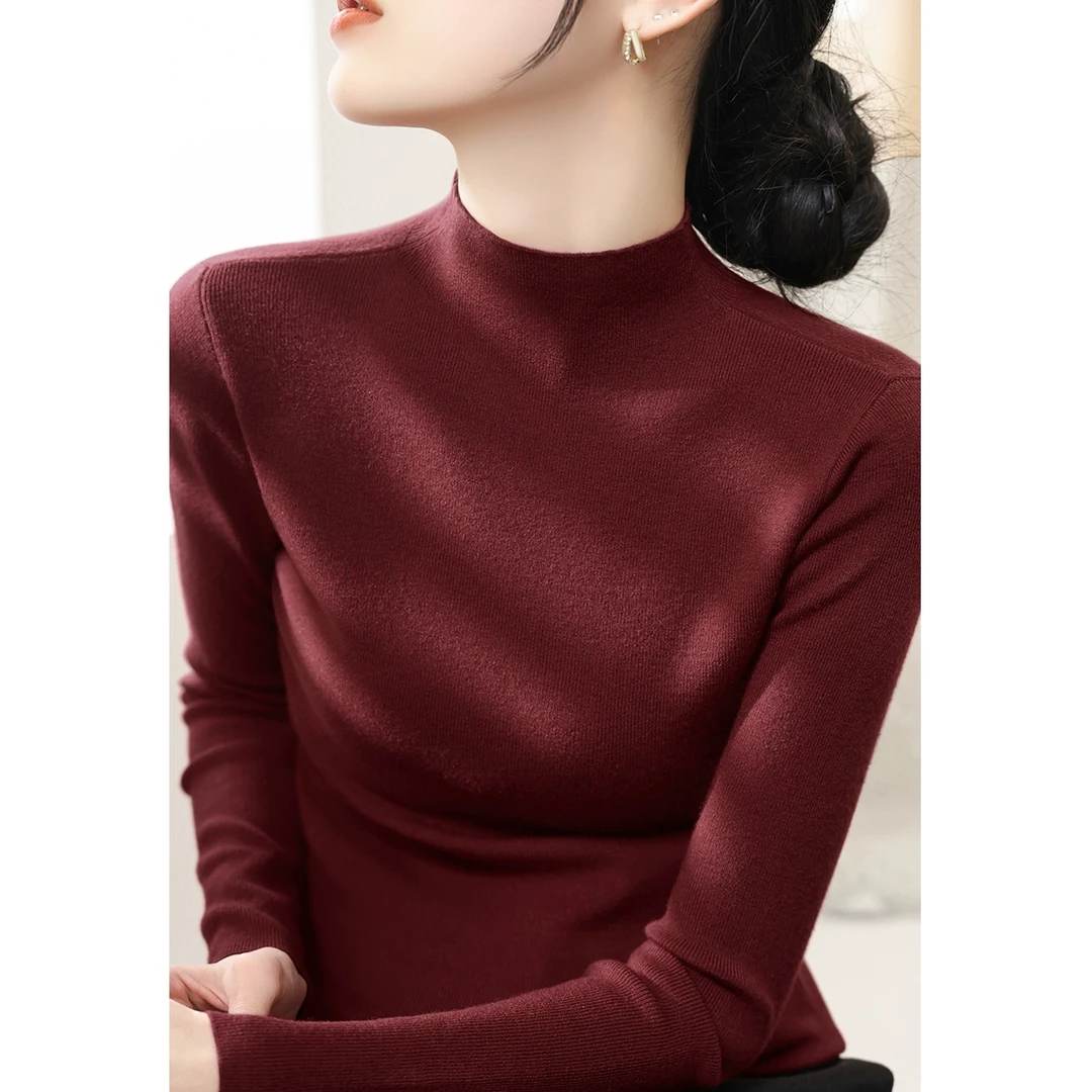 过年红色针织内搭上衣女春季新款半高领设计百搭修身长袖打底