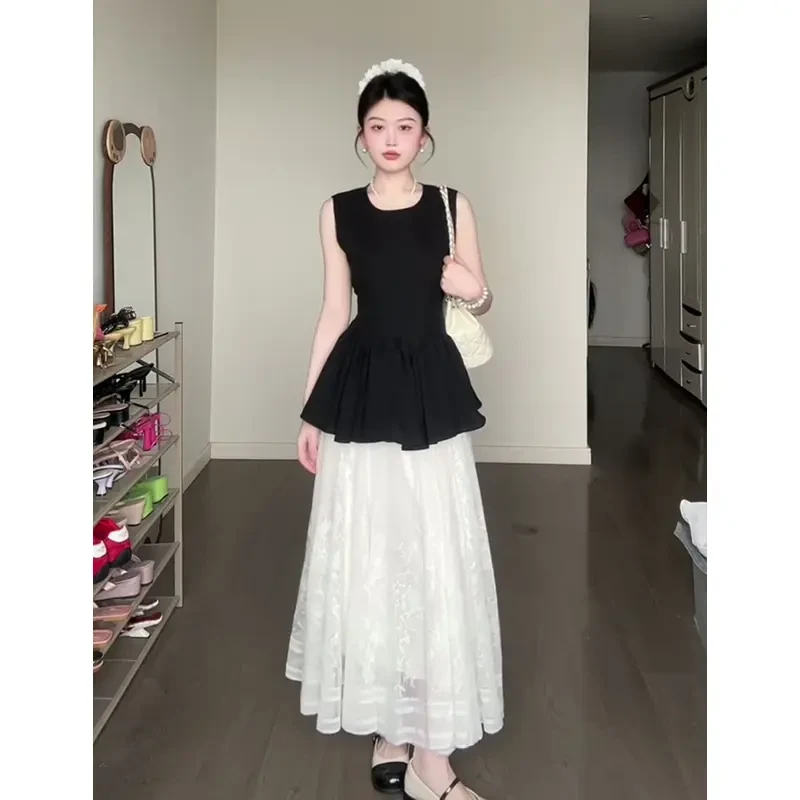 富家千金气质衣服收腰圆领无袖上衣女2025夏季气质高腰蕾丝半身裙