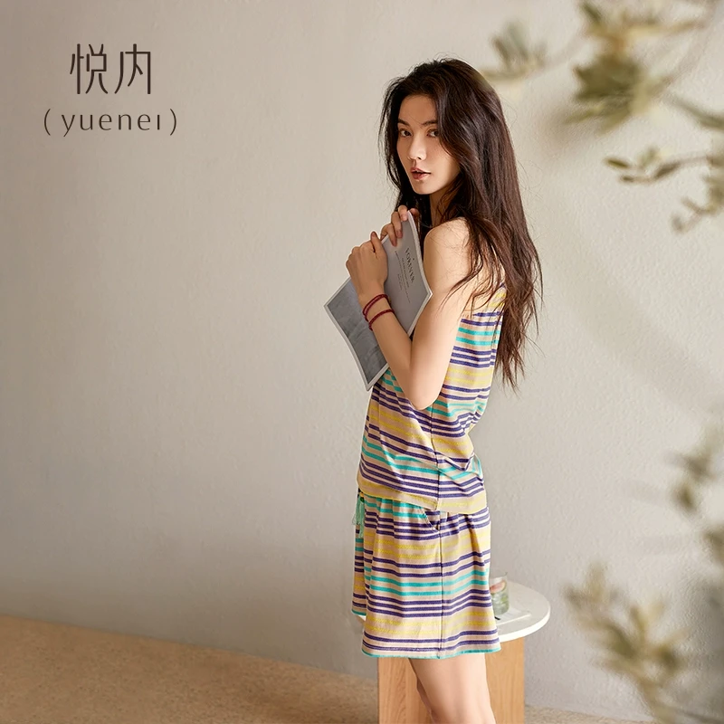 悦内带胸垫一体睡衣女款夏季夏天莫代尔棉吊带背心短裤家居服条纹