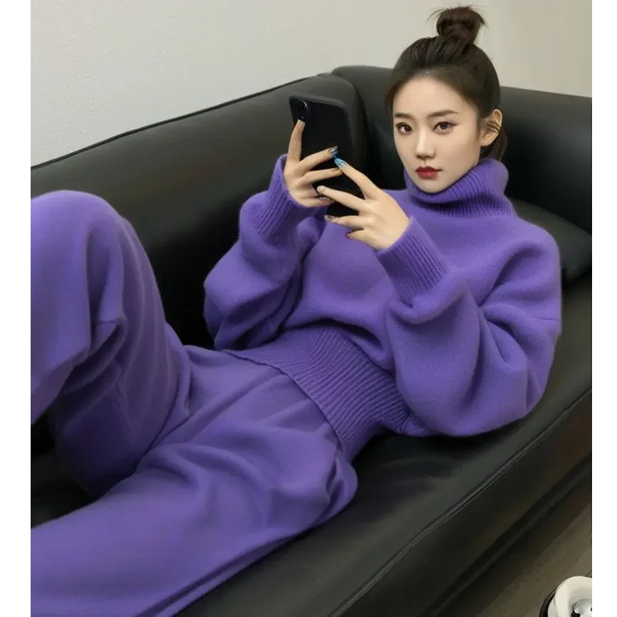 3974+3975休闲新款冬季韩系时尚慵懒风宽松高领毛衣阔腿裤两件套