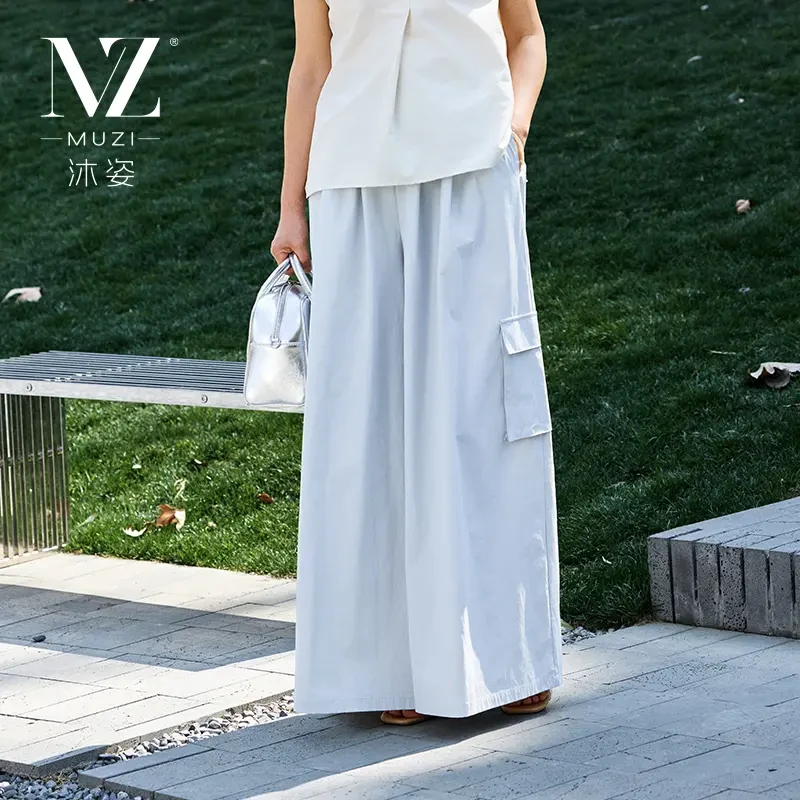 沐姿中年女装夏季高腰纯色阔腿裤妈妈夏装宽松长裤子中老年工装裤