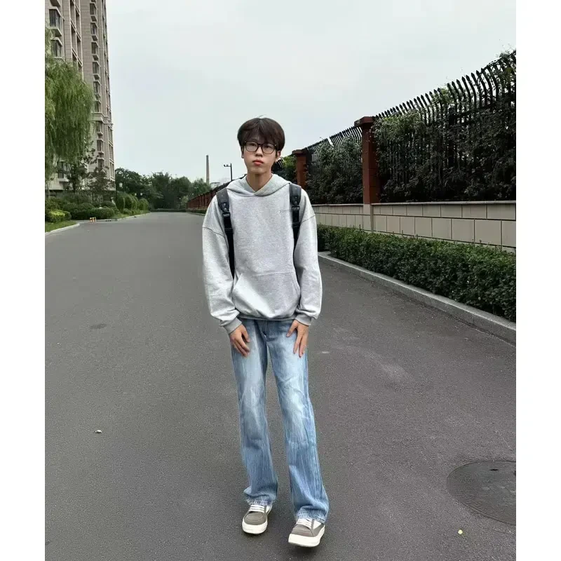 pansk冰蓝闪电波纹牛仔裤男直筒修身裤子cleanfit美式弯刀微喇裤