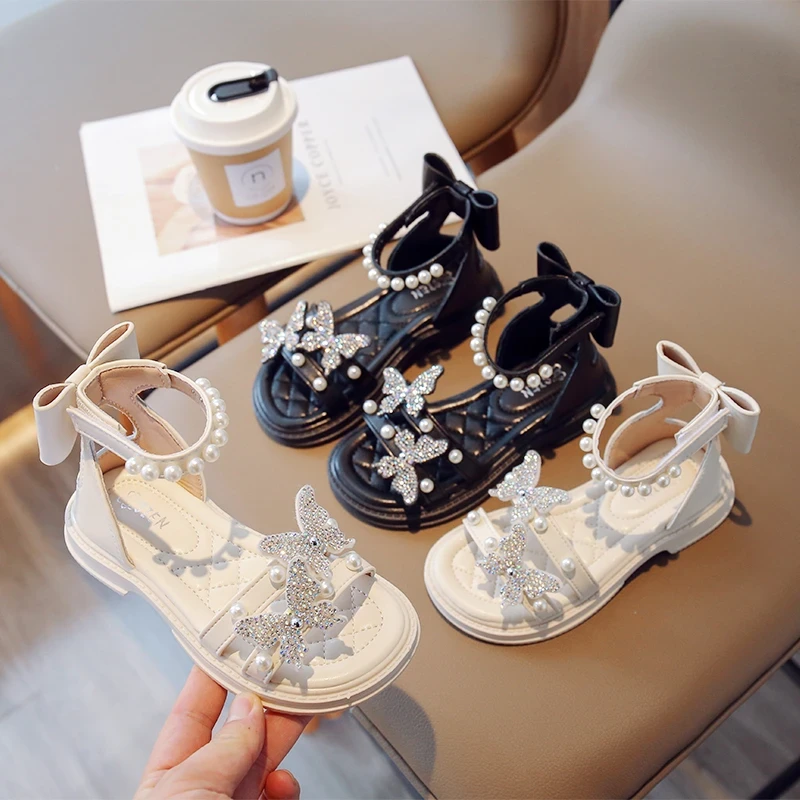 2025年夏季新款女童时尚珍珠绣花凉鞋小女孩魔术贴软底公主罗马鞋