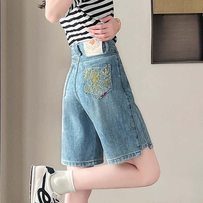 蜜蜜穿搭新中式国风短裤2025夏季新款金边绣花线条刺绣遮胯五分裤