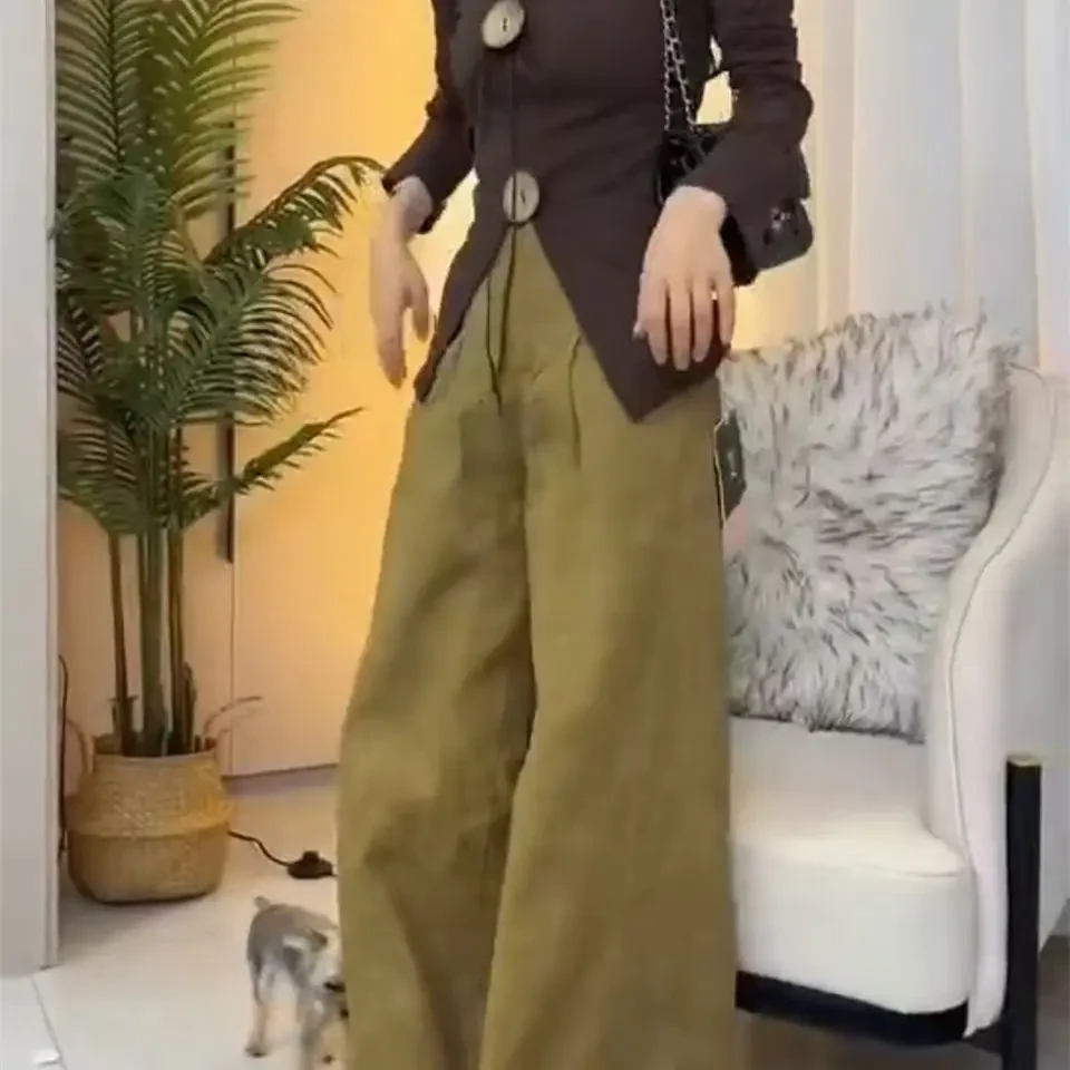 25006简约优雅修身V领上衣搭配高腰宽松长裤套装裤子阔腿裤