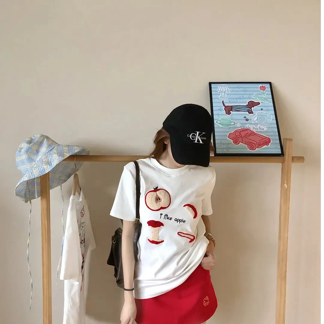 毛巾绣白色正肩T恤女夏季韩系ins字母刺绣短袖休闲圆领卡通上衣