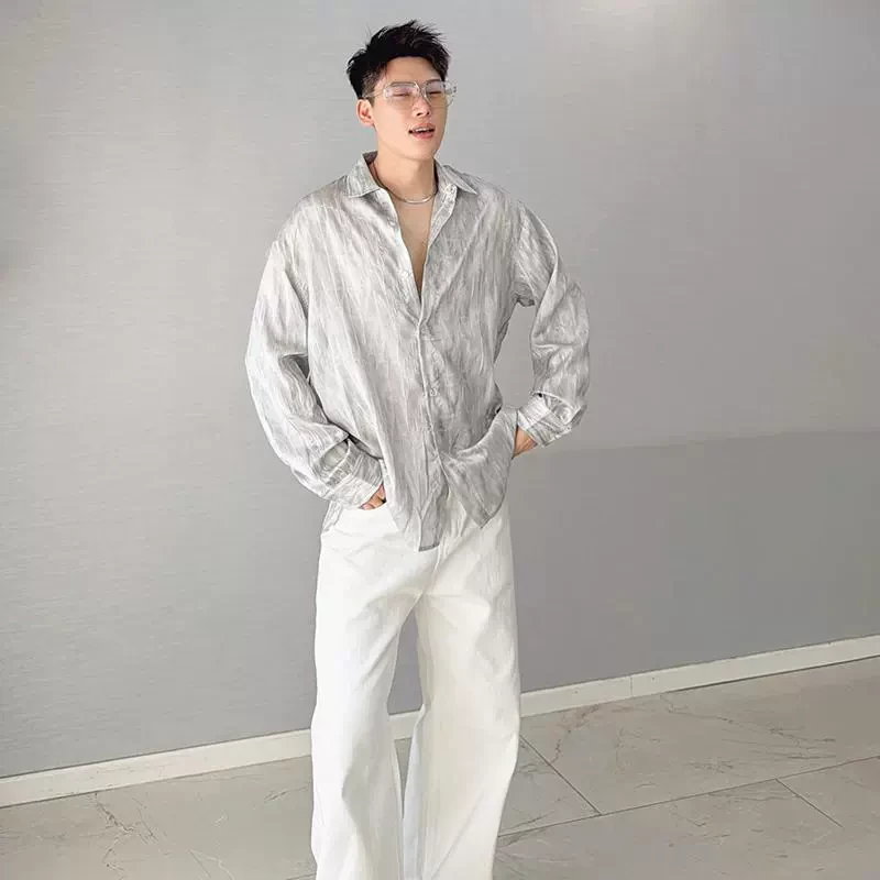 朱渣渣高级感扎染飘逸薄款长袖衬衫男冰丝轻薄痞帅春夏款防晒衬衣