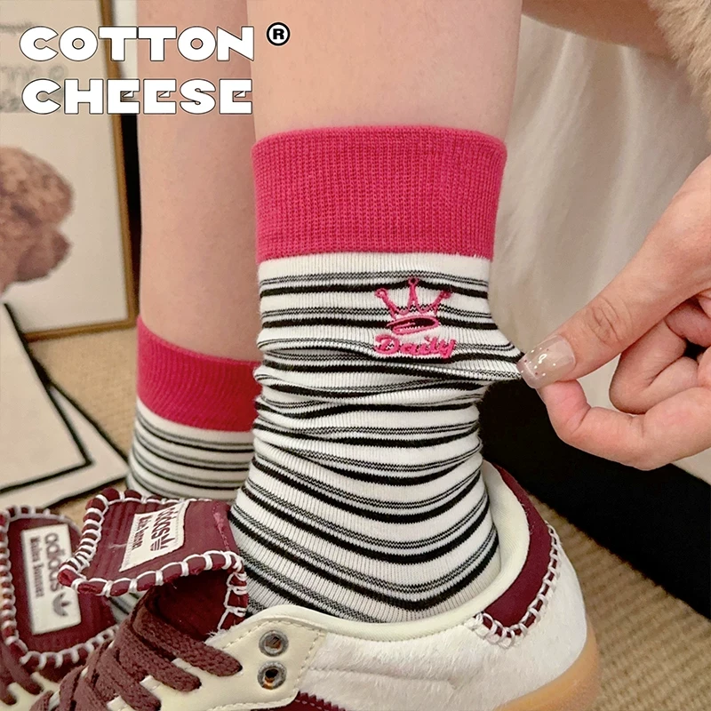 撞色条纹字母袜子女中筒袜ins潮春秋款日系复古运动夏季长袜
