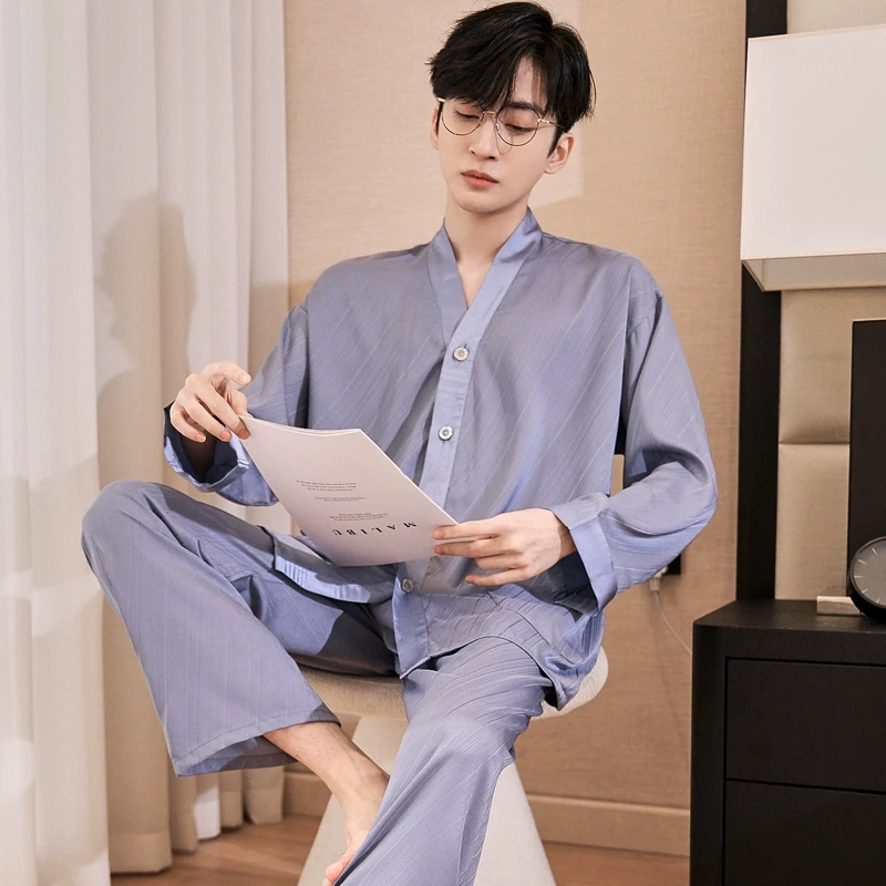 乐姿梦睡衣男士春秋季丝绸冰丝长袖仿真丝四季款套装青少年家居服