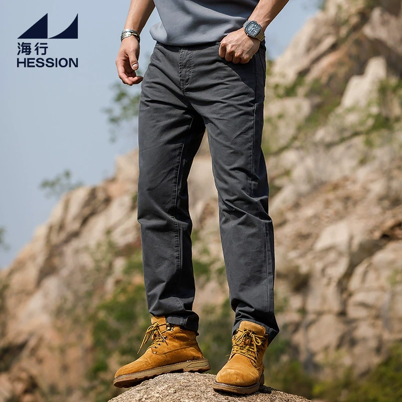 海行灰色户外纯棉修身直筒休闲裤男2025年夏新款美式复古通勤长裤