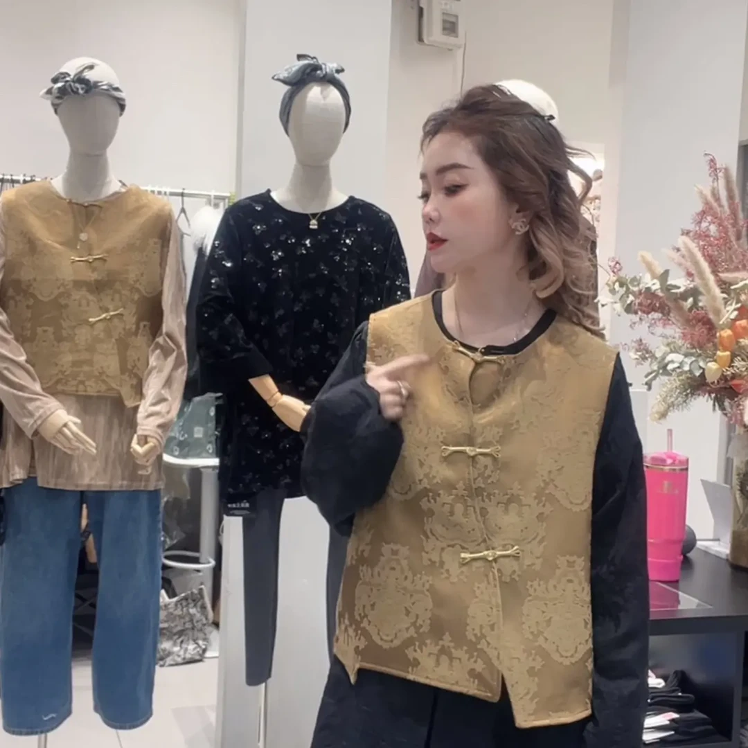 金丝绒拼接细闪轻奢新中式国风无袖马甲精致百搭