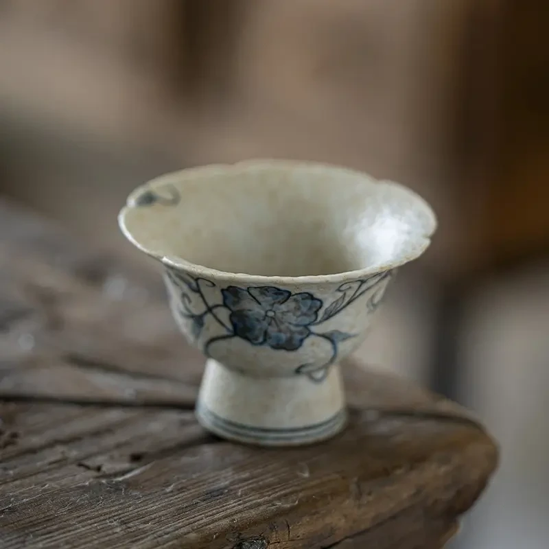 创意缠枝蔷薇釉下手绘青花高足花口杯茶杯主人杯客杯功夫茶具泡茶