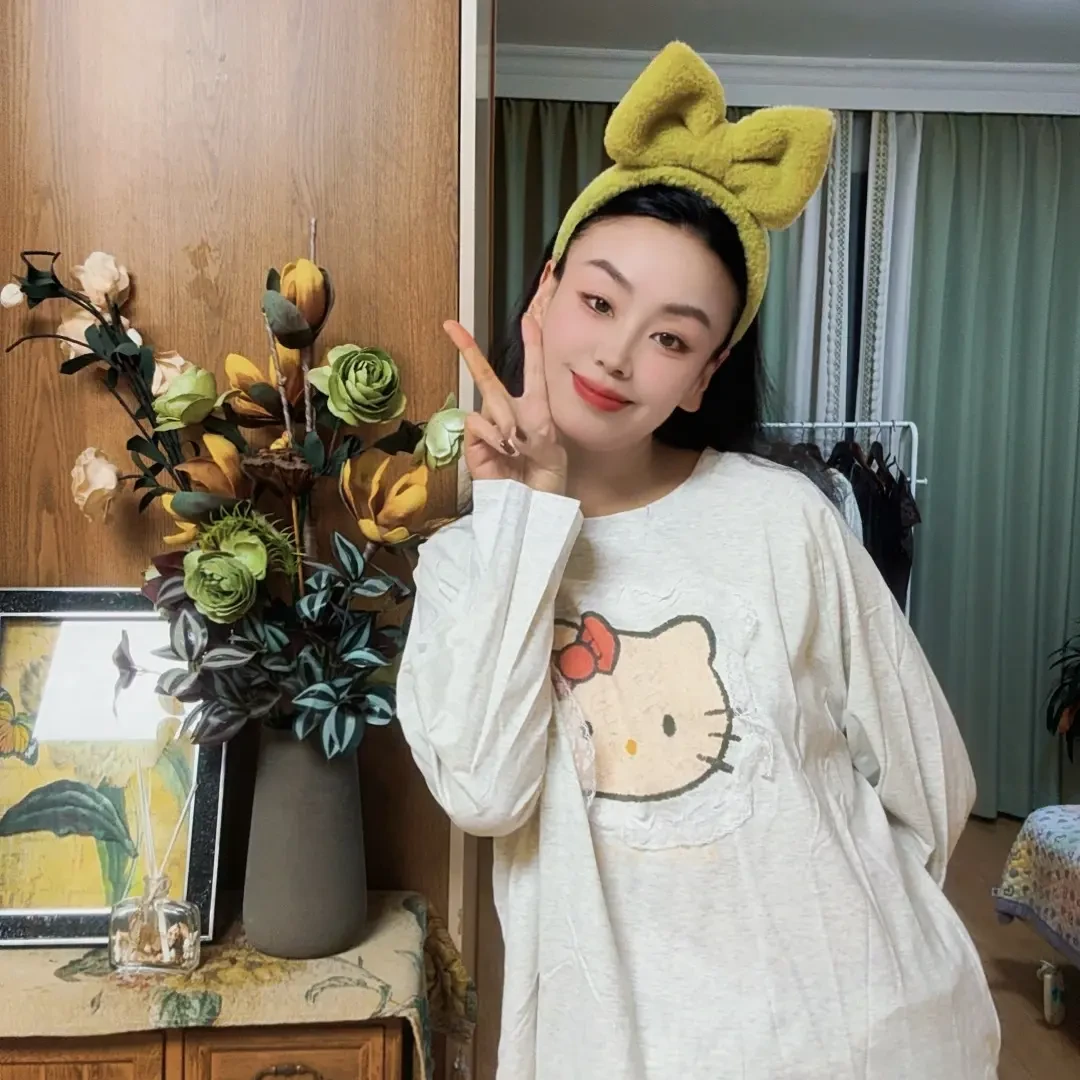 卡通KT猫纯棉春秋甜美长袖长裤可爱花边家居服套装女