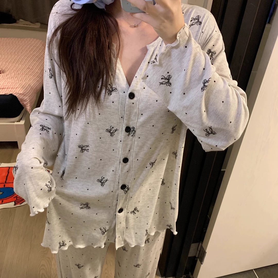 大码针织棉长袖长裤睡衣套装春秋女款针织棉家居服2025新款春季