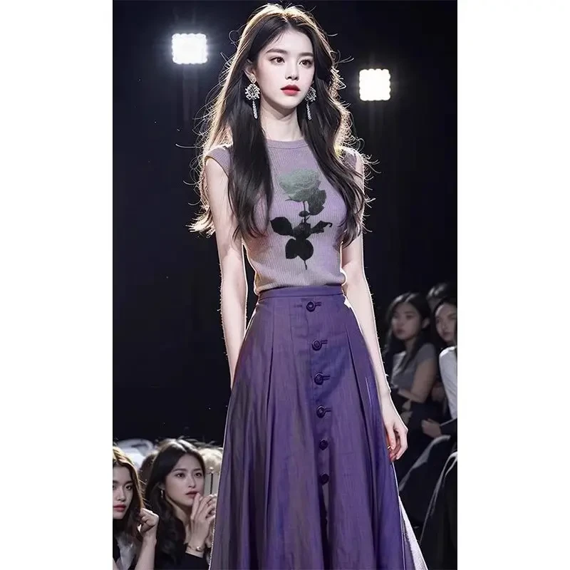 2025新款名媛女装高端高级感小洋装灰色无袖上衣半身裙套装女夏季