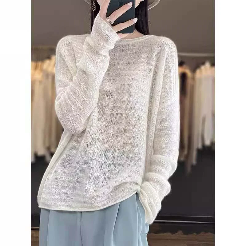 纯色套头精致针织衫女春夏个性镂空小众设计感休闲百搭长袖打底衫