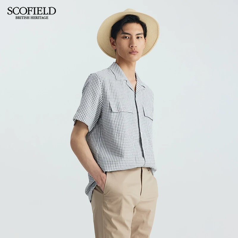 SCOFIELD男士衬衣夏季亚麻棉质休闲小格子商务短袖衬衫口袋装饰