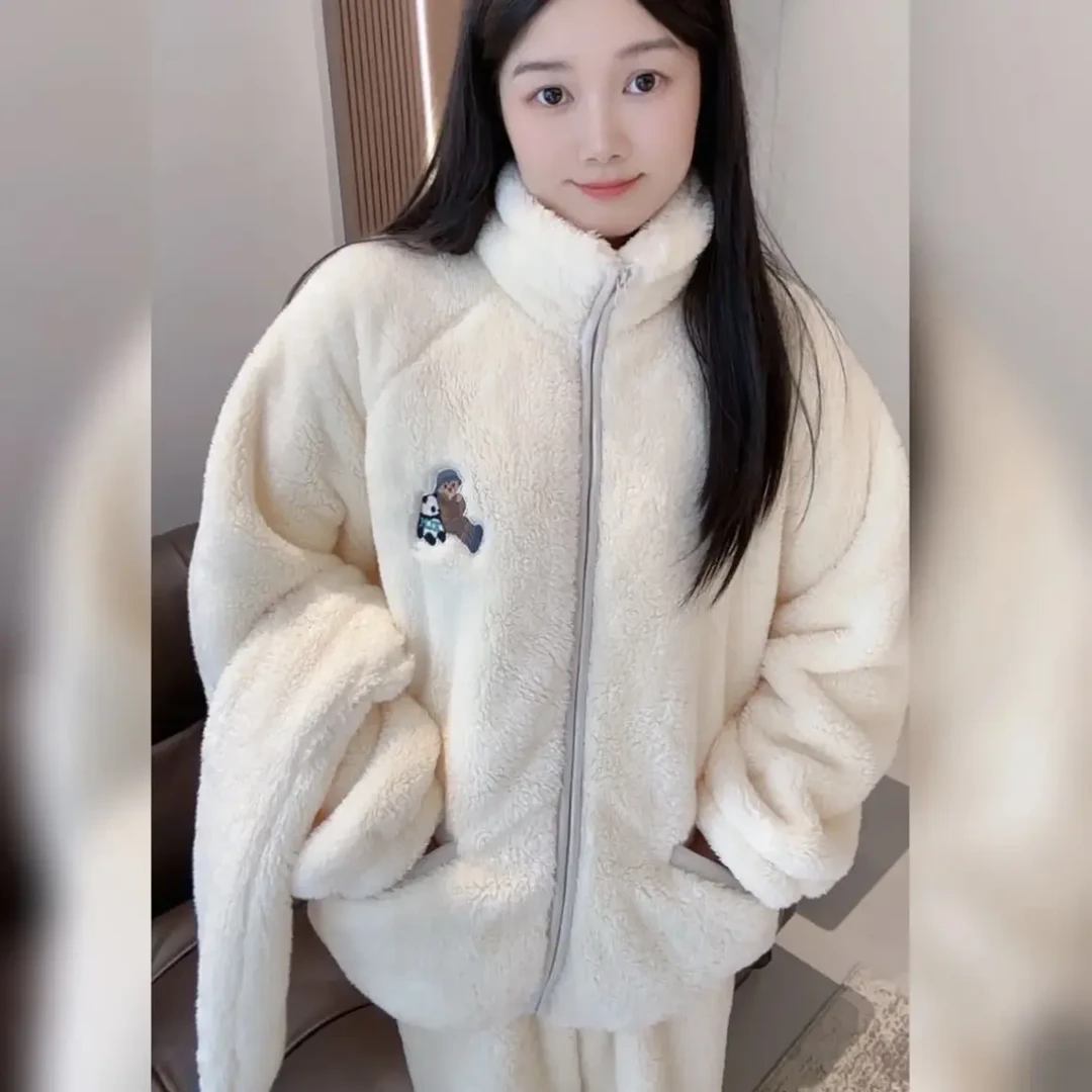 纯色立领加绒加厚时尚宽松软糯保暖可外穿家居服套装