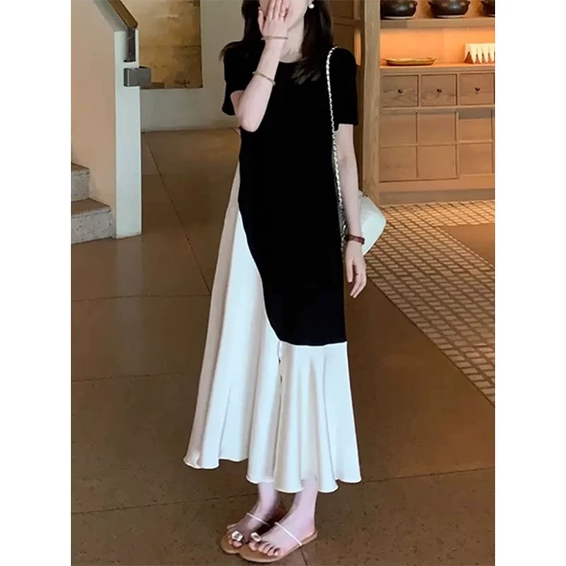 法式通勤短袖连衣裙女2025夏季新款不规则拼接显瘦气质约会长裙子