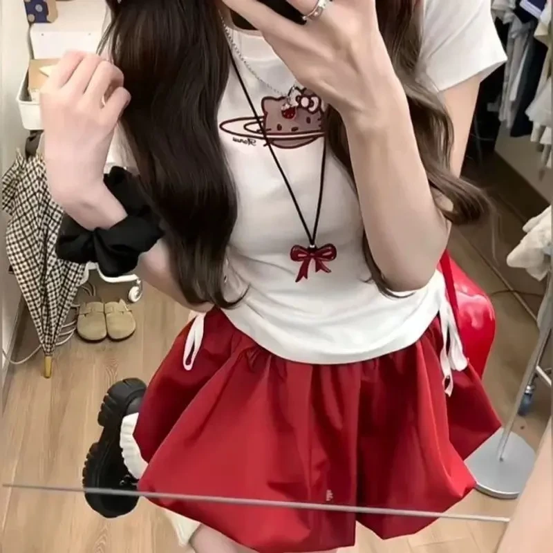 【两件套】韩系甜辣红色花苞半身裙女夏季设计感小众收腰显瘦百搭