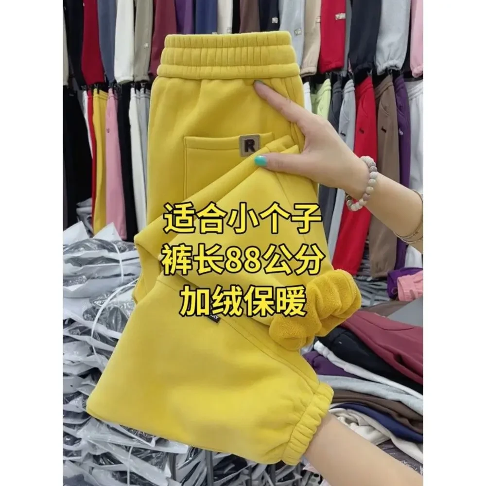 小个子加绒厚款女九分显瘦休闲裤洋气束脚高腰哈伦裤2025韩版色