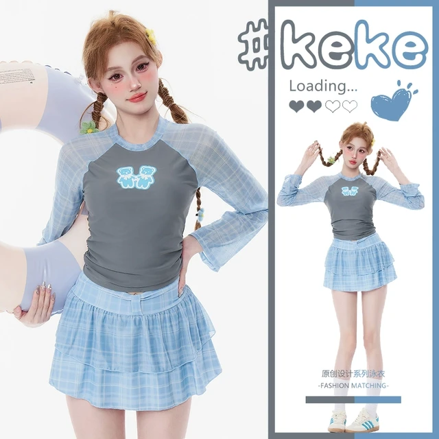 迪卡侬INS日系新款斗志少女牵手小熊灰蓝格子长袖裙式分体泳衣女