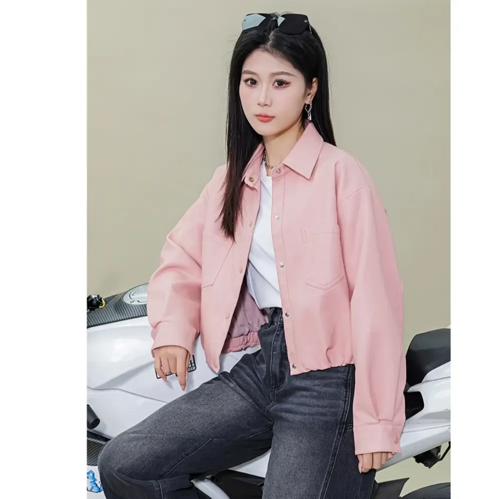 她之蝶25春新款翻领时尚百搭短款皮衣2251037