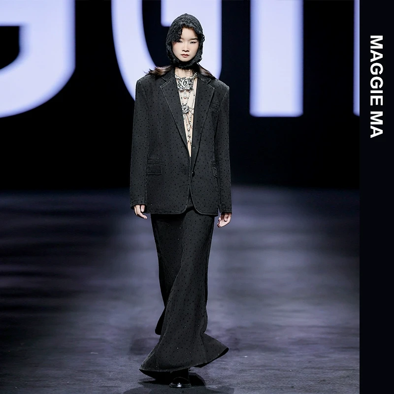 MAGGIE MA马婧设计师款复古烫钻牛仔西装修身鱼尾半裙女839C/840B