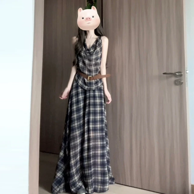 法式无袖格纹吊带连衣裙子女装夏季2025新款爆款绝美穿搭套装长裙