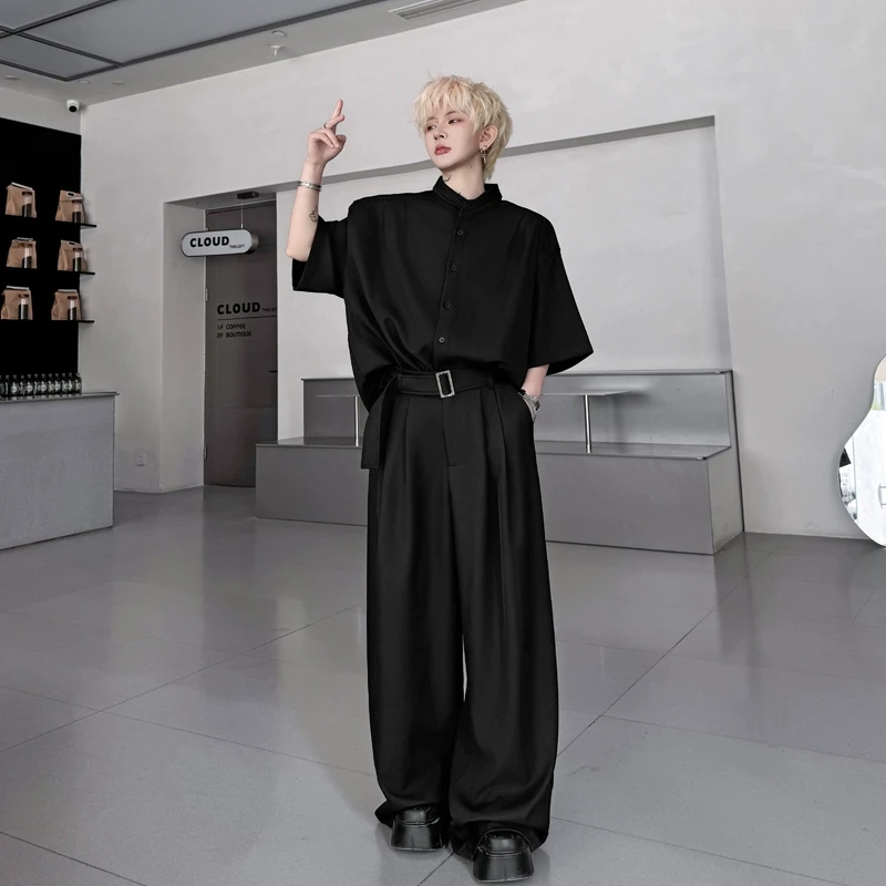 夏季高级垂感搭扣翻领短袖衬衫套装男小众腰带装饰阔腿长裤两件套